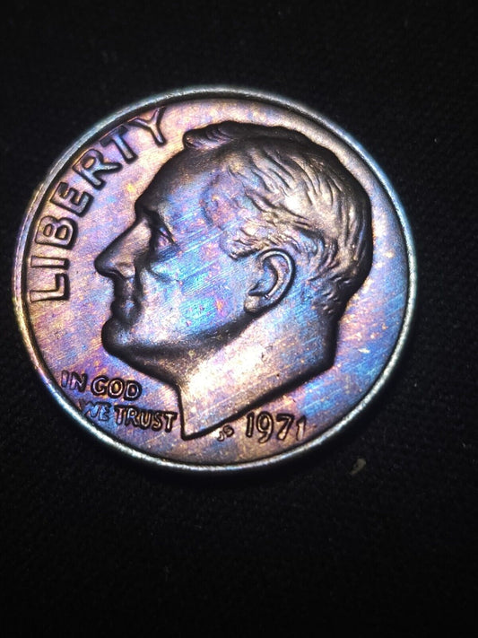 1971 Roosevelt Dime Bu Rainbow Toned