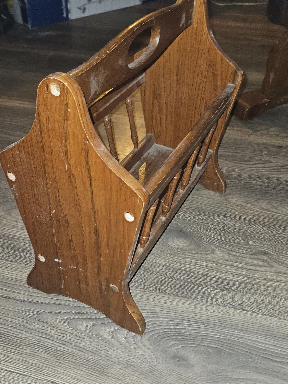 Vintage Solid Wood Spindle Magazine Rack w/ Handle Great Shape Colonial Style