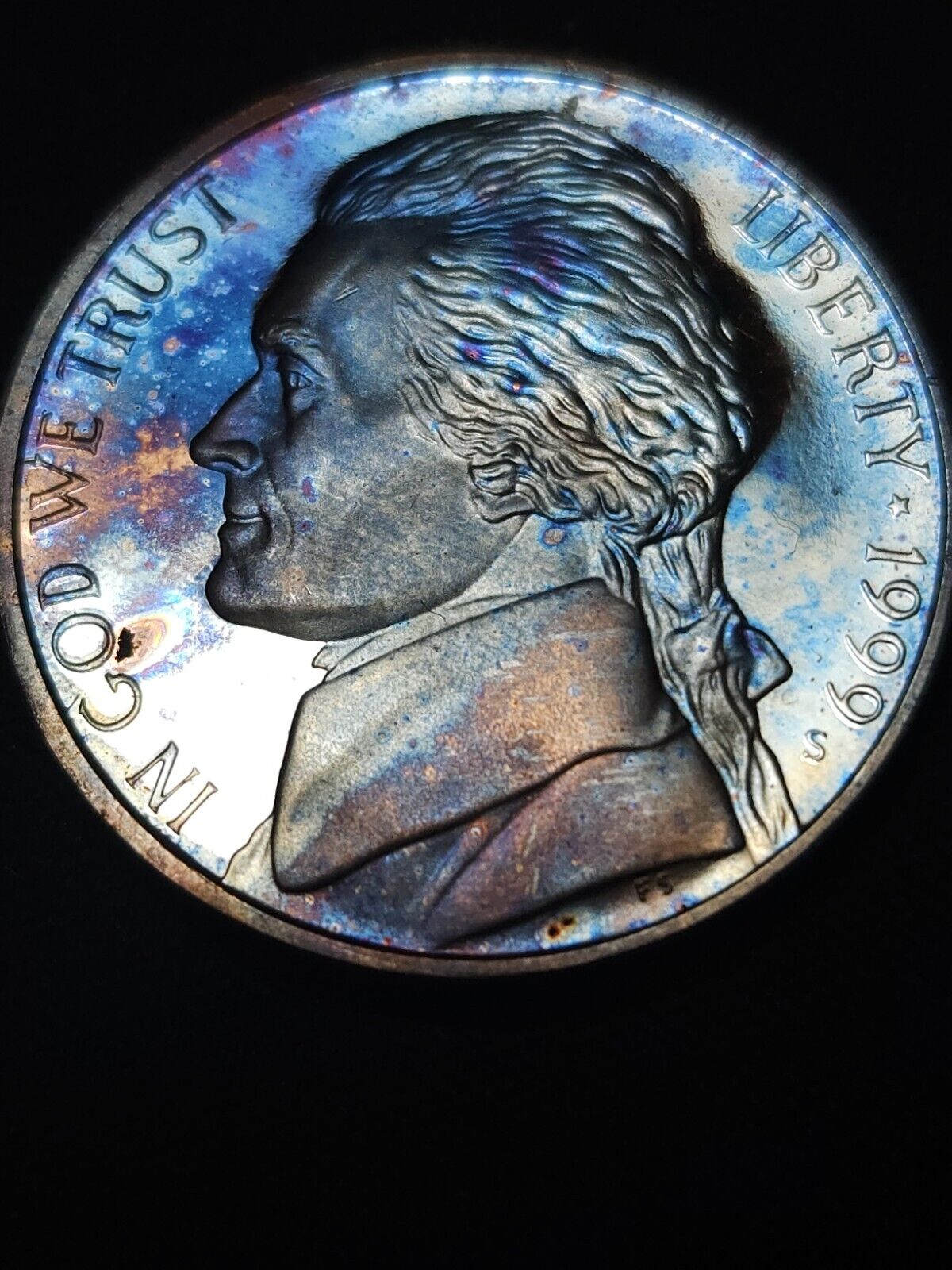 1999 S Proof Jefferson Nickel Rainbow Toned