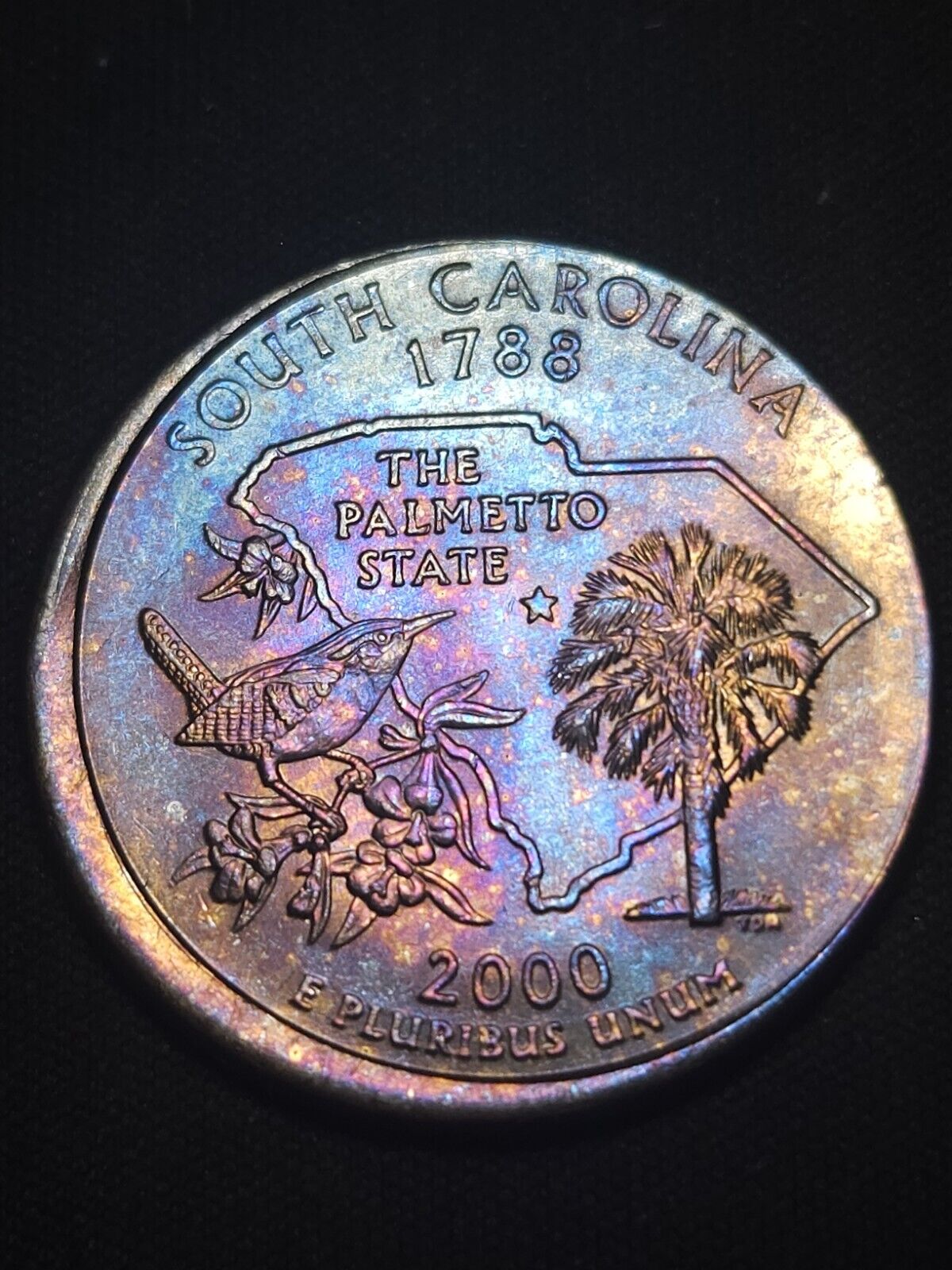 2000 P South Carolina State Quarte "Broadstruck" Rainbow Toned