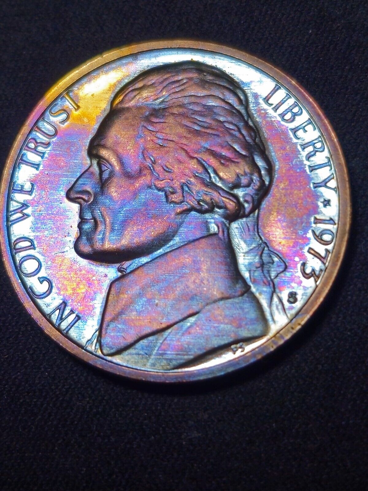 1973-S Rainbow Toned Jefferson Nickel Proof Bu