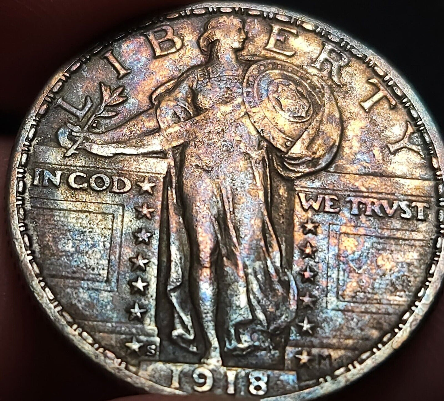 1918 S Standing Liberty Quarte Au Monster Toned