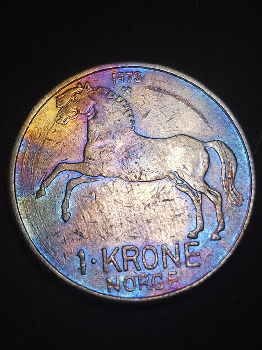 1973 1 Krone Norway  Rainbow Toned