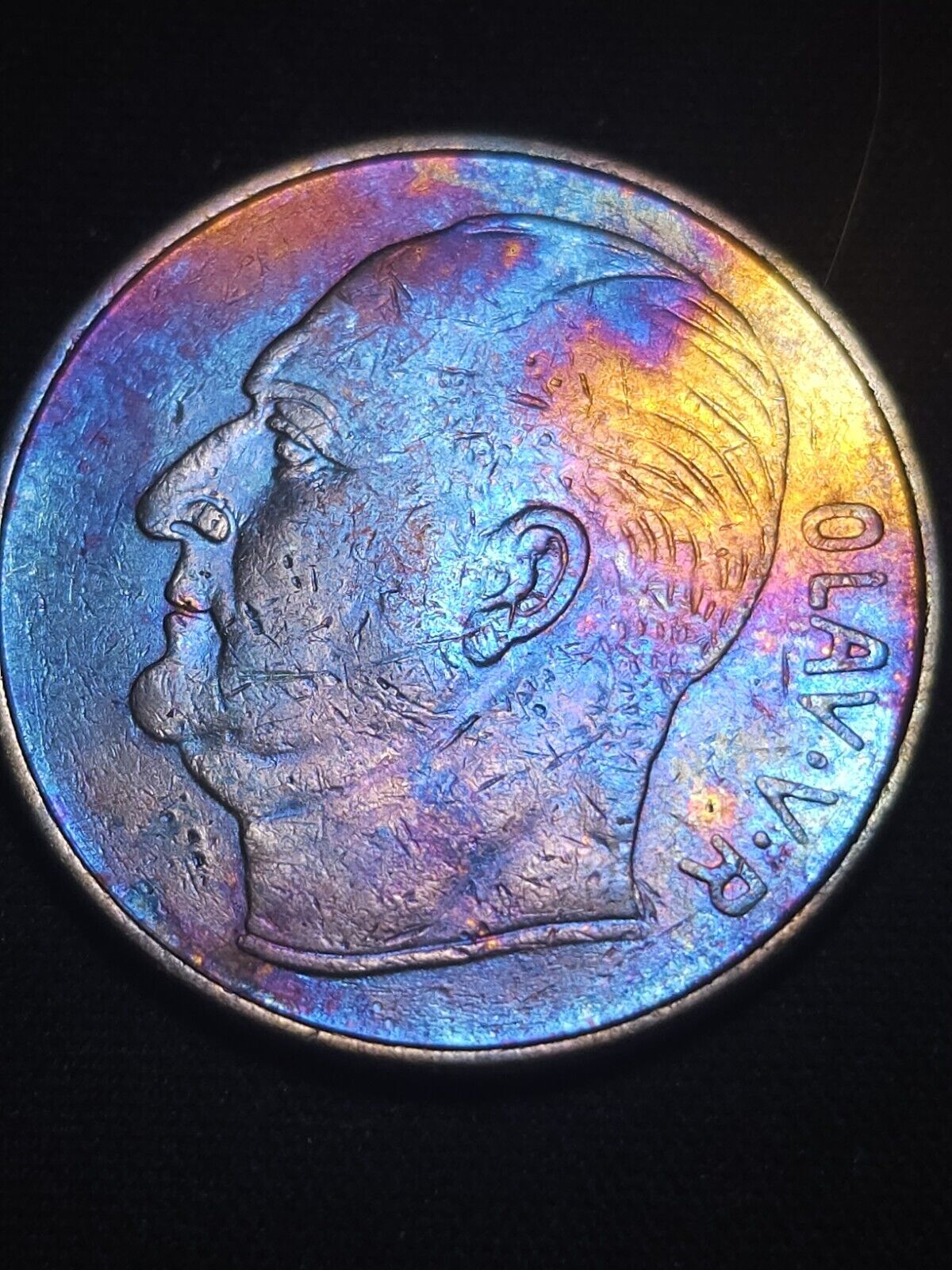 1973 1 Krone Norway  Rainbow Toned