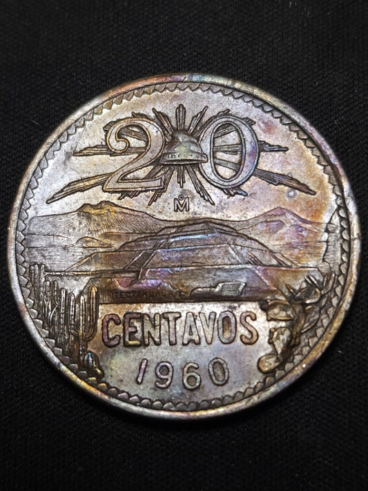 Mexico 1960 20 Centavos Rainbow Toned