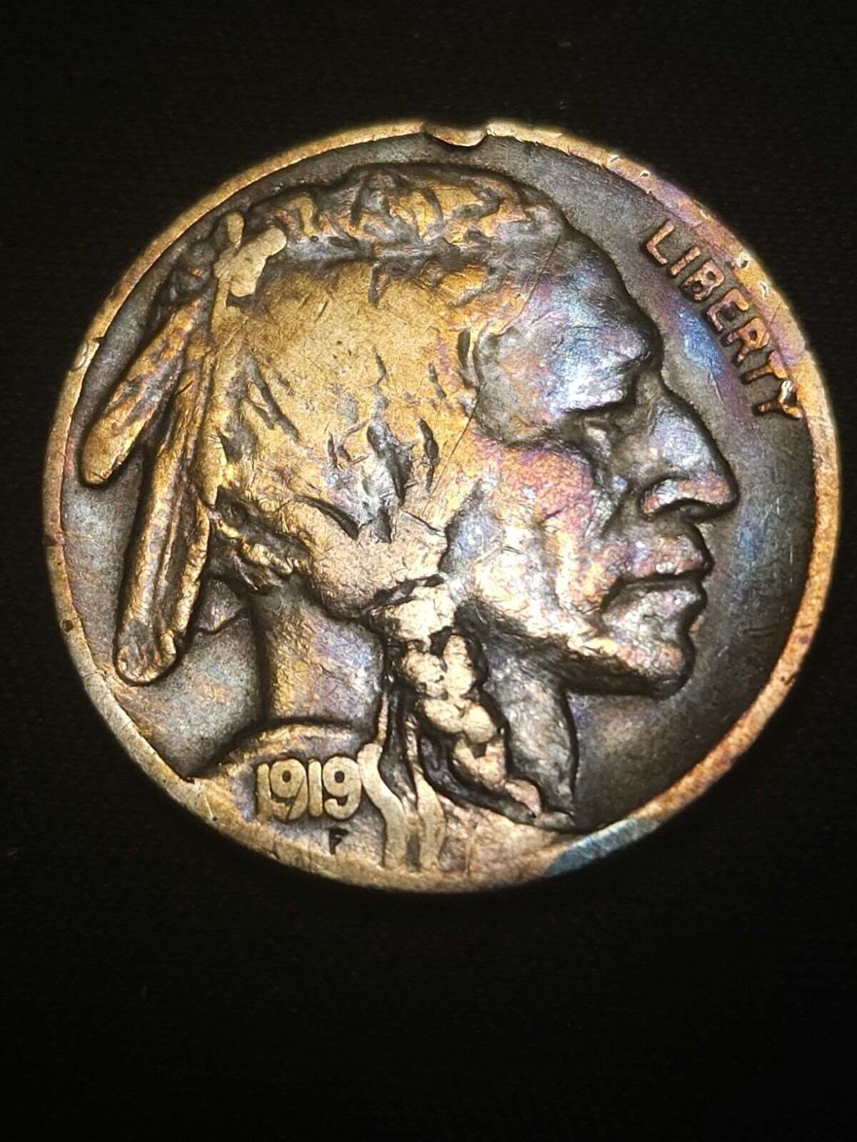 1919 Buffalo Nickel Xf/Au Rainbow Toned
