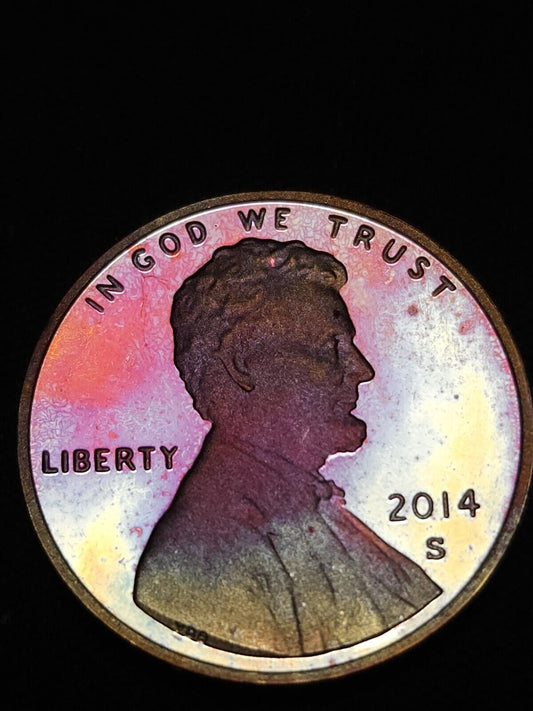 2014 S Proof Lincoln Shield Penny Rainbow Toned