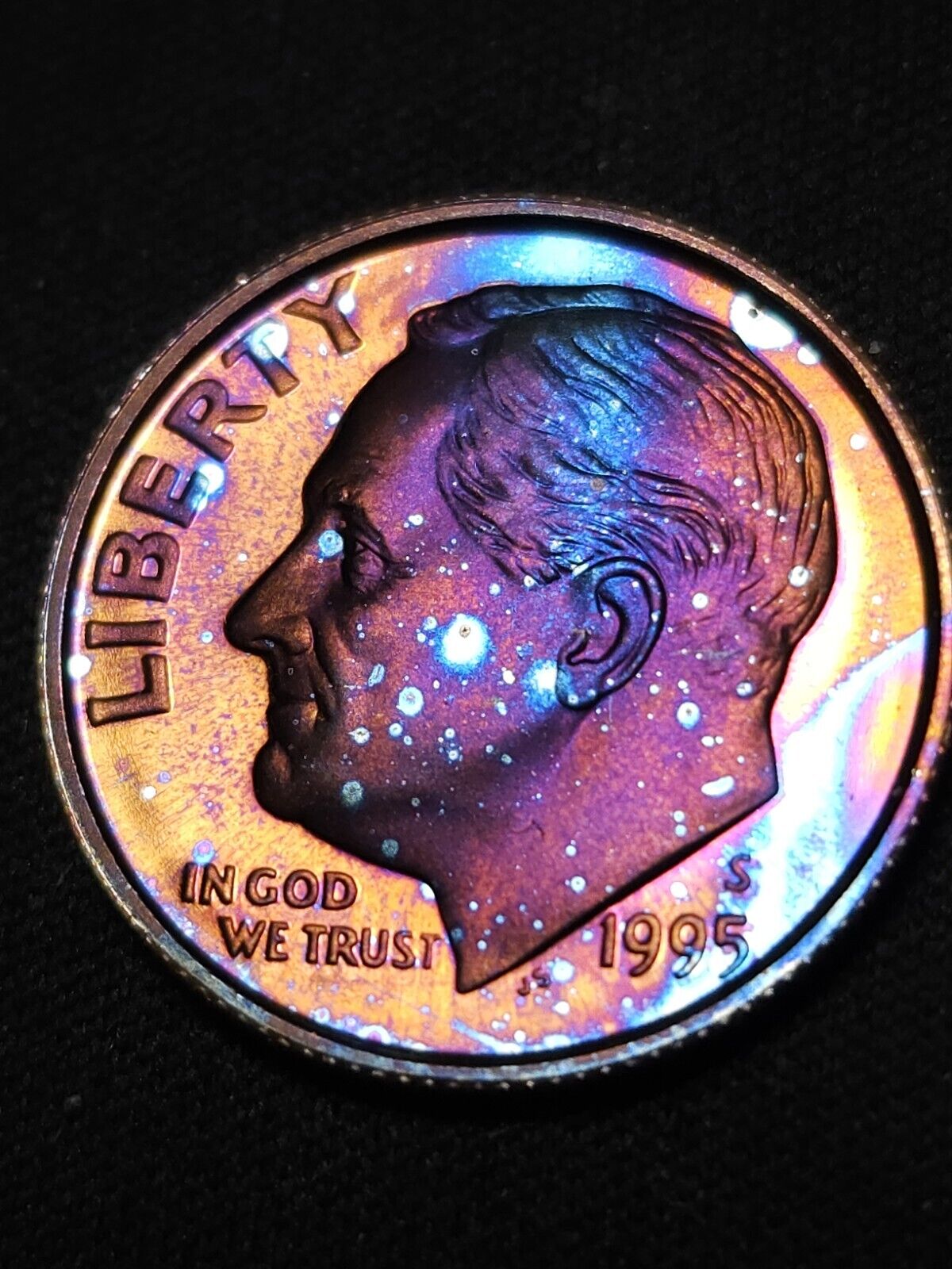 1995 S Roosevelt Dime Proof Rainbow Toned