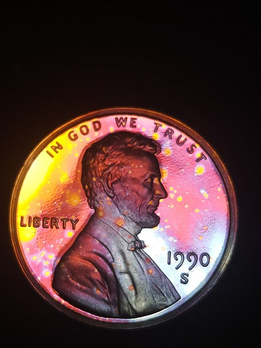 Rainbow Toned 1990 S Lincoln Memorial Cent Proof Bu Errors & Oddities